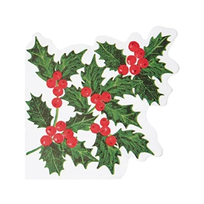 Immagine di Talking Tables Confezione da 20 tovaglioli di carta con foglie agrifoglio, per Natale, Santo Stefano, cene invernali, decoupage, bianco, 33 x cm