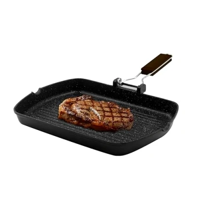Immagine di Zanetti, Bistecchiera 26 x 36 cm, Piastra Grill in Alluminio Pressofuso ad Alto Spessore, adatta ai Piani Induzione, Manico Pieghevole