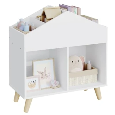 Immagine di Lestarain Libreria per Bambini, Contenitore Libri/Giocattoli Montessori in Mdf con 6 Scomparti Aperti e Gambe Legno Massiccio, 60x30x64.5cm, Bianco