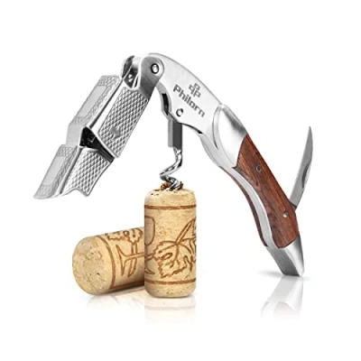 Immagine di PHILORN Cavatappi Professionali, 3 in 1 Palissandro Naturale Apribottiglie Acciaio Inossidabile, Ebook Ricetta Vino Coltello Sommelier Apri Bottiglia, Scelta Migliore di Cameriere, Barista, Somelier