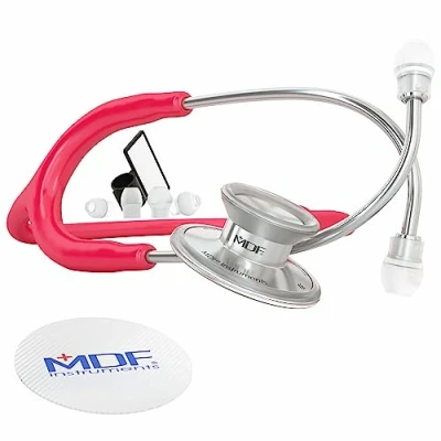 Immagine di MDF Instruments, Stetoscopio leggero Acoustica per medici, infermieri, studenti, uso sanitario a domicilio, adulti, doppia testa, tubo di lampone, auricolare pettorale in argento, MDF747XP23