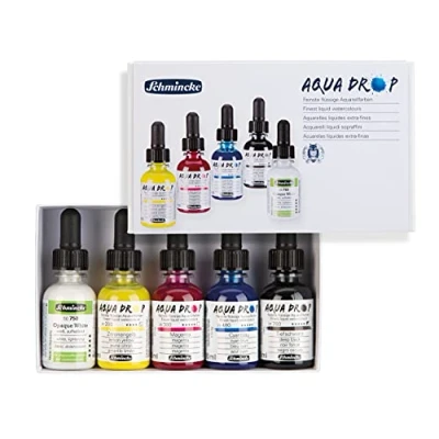 Immagine di Schmincke AQUA DROP acquarelli liquidi finissimi, 5 colori primari da 30 ml, in un set di cartone + bianco opaco, 78005097, per pittura ad acquarello, calligrafia, handlettering, aeorografia