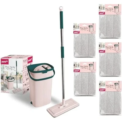 Immagine di YORK Mocio piatto per cellulare, rosa (include secchio strizzatore, testa mocio), manico telescopico in alluminio, facile da riporre, adatto a tutti i pavimenti