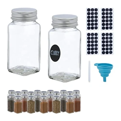 Immagine di Relaxdays Barattoli Spezie, Set di 24 Vasetti Vetro 120 ml, Contenitori con Coperchio Erogatore, Etichette e Imbuto