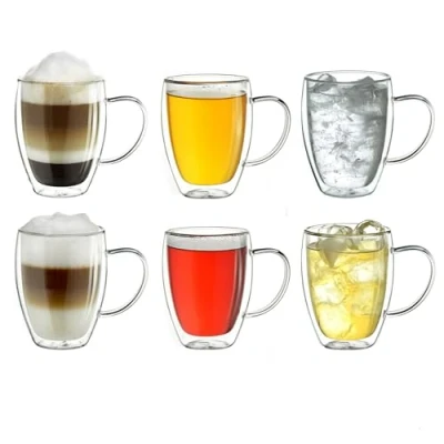 Immagine di tazza thermos a doppia parete con manico 400ml, grande in vetro borosilicato, tazze da caffè, tè, latte 6x 400ml 6 pezzi (confezione 1)