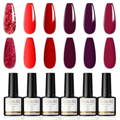 Immagine di ROSALIND Smalto Semipermanente Unghie Rosso, 6 Colori Smalti Semipermanenti per Viola Glitter Rosso Brillante Gel Nail Polish Soak Off UV/LED, Art l&#039;autunno e l&#039;inverno, 8ml