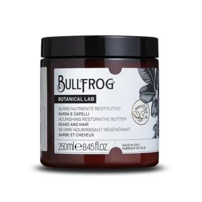 Immagine di Bullfrog Burro Nutriente Restitutivo 250ml Shampoo per capelli e barba Proprietà lenitive rivitalizzanti Note dolci golose Made in Italy