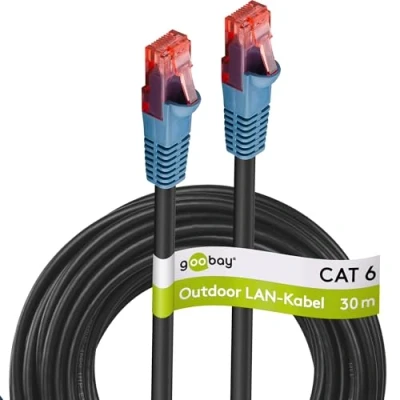 Immagine di Goobay 94392 Cavo CAT6 per uso esterno di rete protetto dai raggi UV e dall&#039;acqua nero/blu, 20 metri