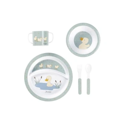 Immagine di set di stoviglie con anatra Edda Lou verde pietra, da 5 pezzi, per ragazzi e ragazze, composto tazza manico, piatto, ciotola porridge, ciascuno fondo antiscivolo cucchiaio