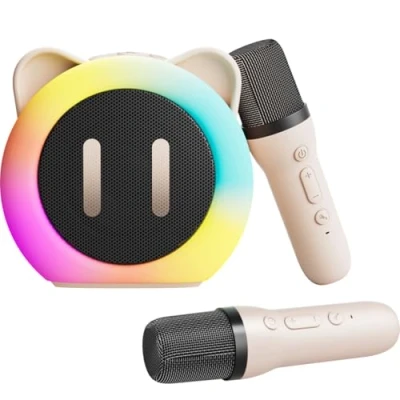 Immagine di Karaoke Macchina per Bambini Bluetooth Wireless con 2 Microfono Portatile Giocattolo Cambia Voce Luci LED Regalo Ragazzi Ragazze (Bianco)