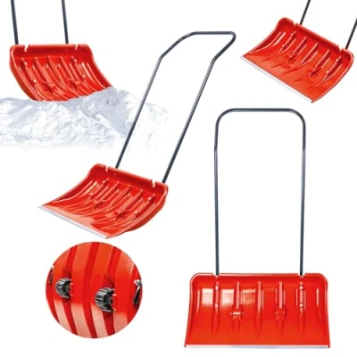 Immagine di KADAX pala da neve con bordo in alluminio, larga ruote, manico metallo, lama plastica, spazzaneve (arancione 2)