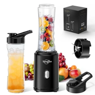 Immagine di Sangcon Mixer Smoothie Maker, frullatore sportivo elettrico portatile per frullati e con 2 bottiglie in Tritan To Go da 600 ml senza BPA tappi bere coltello a 4 lame, pulsante impulsi