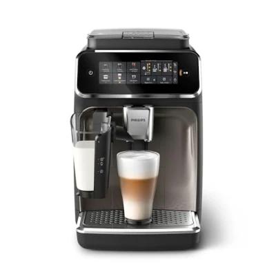 Immagine di Philips Serie 3300 Macchina da caffè automatica 6 tipi di bevande, Display touch screen a colori, LatteGo, SilentBrew, Macinacaffè in ceramica al 100%, Filtro AquaClean. Cromato nero (EP3347/90)