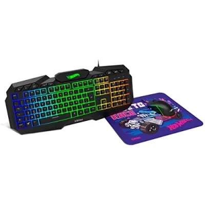 Immagine di KROM Kit tastiera, mouse e tappetino per Hot Wheels KUSTOM Tastiera membrana RGB, ottico 7200 DPI, in tessuto morbido resistente, layout francese, nero