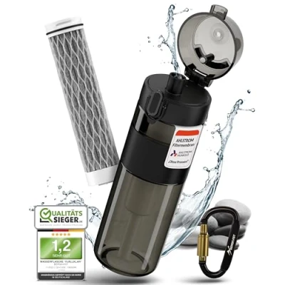 Immagine di BERGKVIST® Bottiglia con filtro per acqua da esterno FJÄLLKLAR (500 ml) borraccia di AHLSTROM® potabile pulita campeggio, escursioni e sopravvivenza Nero