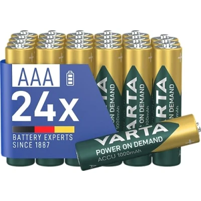 Immagine di VARTA Pile AAA, ricaricabili, confezione da 24, Recharge Accu Power on Demand, batteria ricaricabile, 1000 mAh Ni MH, senza effetto memory, precaricate, pronte all&#039;uso [Esclusivo su Amazon]