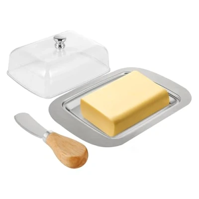 Immagine di Scatola per Burro in Acciaio Inossidabile Burriera con Coperchio, Manico e Spatola Ideale come Porta Formaggio, Torte, Dolci Piccoli Frutti