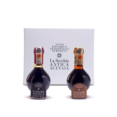 Immagine di La Secchia &quot;Duetto&quot; di Aceto Balsamico Tradizionale Modena DOP con Invecchiamento 20 e 35 Anni, Due Bottiglie da 100 ml Tappo Dosatore in Vetro Soffiato