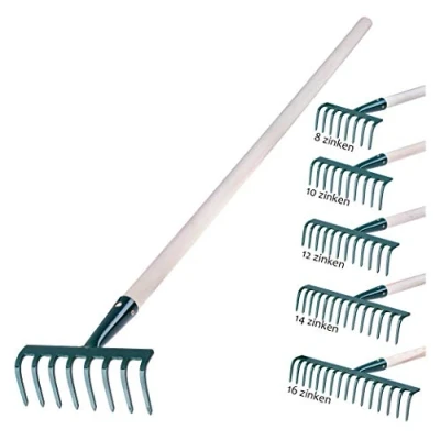 Immagine di Kadax Rechen realizzato in metallo, rastrello piatto con gambo legno, scope a foglia per giardino, letto, ginocchia, da prato, verde, unitŕ eurechen, (14 denti)