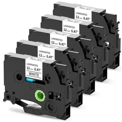 Immagine di 5x MarkField Nastro per Etichette Compatibile con Brother P touch TZe 231 TZ Nero su Bianco Laminato Tape 0.47 12mm x 8m PT H100R/LB H105 H107 H110 H200 D210 E110 P300BT Cube 1000 1010