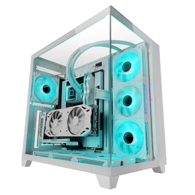 Immagine di MARSGAMING MC 3C, Case Gaming ATX, Vista Panoramica 3D Triplo Vetro Temperato, Design a Doppia Camera Laterale, Supporto Completo per Raffreddamento Liquido, Semitorre PC Gestione dei Cavi, Bianco