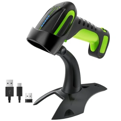 Immagine di Tera Lettore di codici a barre qualità industriale QR 1D 2D Wireless portatile USB C cablato + 2.4G Bluetooth Eccellente resistenza alle cadute (3m) con supporto super stabile, 8100 GN