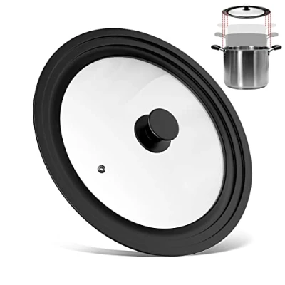 Immagine di Fousenuk Coperchio Universale Nero, Coperchi Vetro Temperato per Pentole con Bordo in Silicone Resistente al Calore, e Padelle da 24 cm, 26cm, 28 cm Diametro