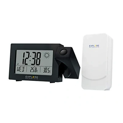 Immagine di Explore Scientific RPW3008, Orologio a proiezione con ora radiocomandata e previsioni metero, Doppio allarme, Porta USB per ricaricare il telefono, Sensore temperatura interna incluso, Nero