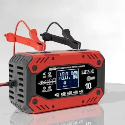 Immagine di Caricabatteria da auto 10 A, 12 V/24 V, con schermo LCD e compensazione della temperatura, adatto per auto, moto, camion, barca, tosaerba, batterie