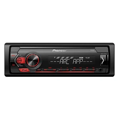 Immagine di Autoradio Pioneer MVH S120UI 1 DIN con RDS, rossa, profondità di installazione ridotta, USB per MP3, WMA, WAV, FLAC, ingresso AUX, supporto Android, controllo iPhone, compatibile app ARC