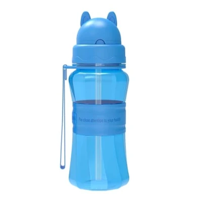 Immagine di Bottiglia per l&#039;acqua Bambini con cannuccia senza BPA Tritan a Prova di perdite Borracce Tracolla Asilo, Scuola, Casa, Escursionismo e Attività all&#039;aperto (Blu)