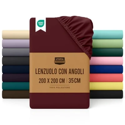 Immagine di Utopia Bedding Lenzuolo con Angoli Due Piazze Matrimoniale 200x200cm Bordeaux Microfibra di Poliestere Spazzolato sotto Elasticizzato