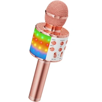 Immagine di Ankuka Microfono Karaoke Bluetooth Wireless Bambini Regalo per 3 12 Anni Giocattolo Cambia Voce, Compatibile con Android, iOS, PC Oro Rosa