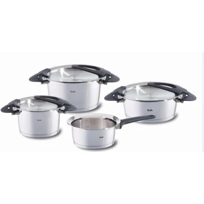 Immagine di Fissler Intensa Set di 4 pentole, in acciaio inox, con coperchio metallo, 2 1 rostiera, casseruola senza coperchio, adatte per cottura a induzione