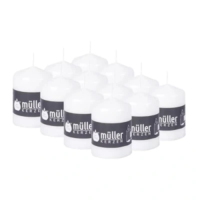 Immagine di Müller Candele Bianche a Colonna Cilindriche, Set di 12 Candele, Colore Bianco, dim. 57 x 81 mm, Lunga Durata 15 Ore, Cera Antigoccia, Inodore, Qualità RAL