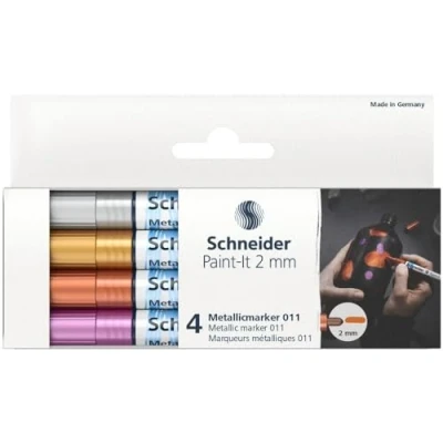 Immagine di Schneider Paint It Set di 4 pennarelli metallici (set da 2, spessore tratto 2 mm, nuova tecnologia pigmentazione, forte effetto glitter), argento, oro, rame, viola