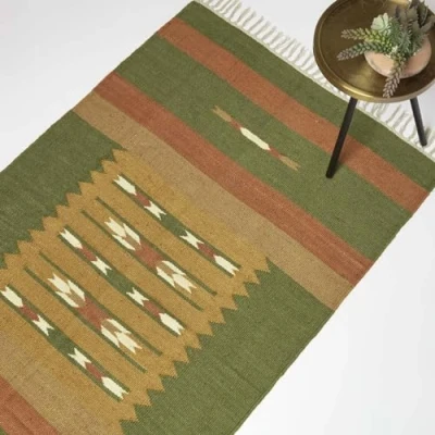 Immagine di HOMESCAPES tappeto Kilim intrecciato a mano arancione e verde, 160 x 230 cm, iuta cotone, per soggiorno &quot;Lundi&quot; con motivo geometrico tradizionale nappe