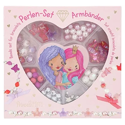 Immagine di Depesche Princess Mimi 11472 Set di perline fai da te per creare braccialetti te, con numerose perline, ciondoli, fiocchi e nastro elastico in barattolo trasparente a forma cuore