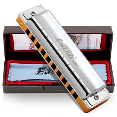 Immagine di East Top 10 Holes armonica diatonica professionale Blues Key of F con coperchio in argento, Probgrade per adulti, musicisti professionisti e studenti