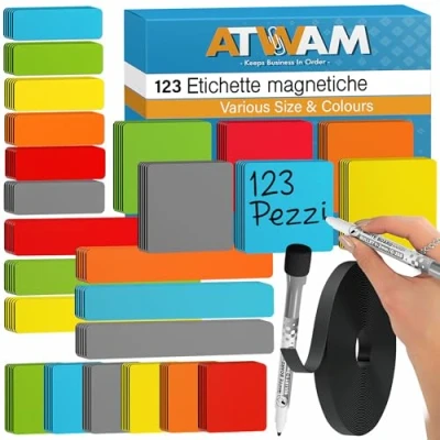 Immagine di ATWAM 123 Etichette Strisce Magnetiche Scrivibili Set MEGA Accessori 5 Dimensioni Diverse 6 Colori Scrum &amp; Kanban Magneti Per Lavagne Magnetiche, Frigoriferi