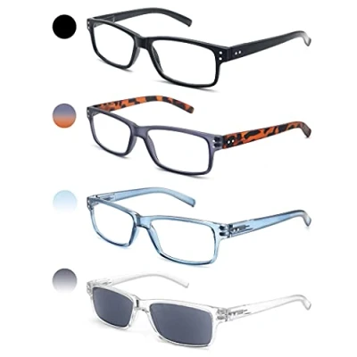 Immagine di HEEYYOK 4 Paia di Occhiali da Lettura Uomo Rettangolari Unisex con Montatura in Tartaruga Nera Cerniera Flessibile a Molla (Include Borsa e 1 Sole Lettura)