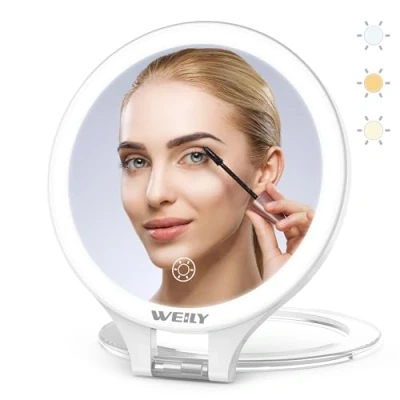 Immagine di WEILY Specchio Trucco con Luci, 10X/1X Ingranditore, Bifacciale da Viaggio, 3 Luci Colorate, Controllo Touch, Ricaricabile Portatile per Camera Letto e Bagno(Bianco)