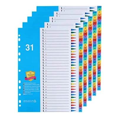 Immagine di Divisori per Raccoglitori A4(5 Pezzi) Soggetto A4 con 31 Tasti,Divisori Numerici di Indice Numerati 1 31,Divisori in Plastica Linguette Multicolore
