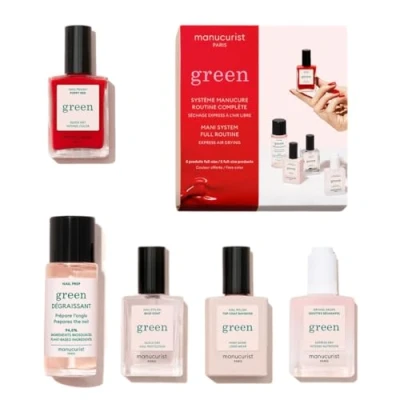 Immagine di Manucurist Sistema Green™ Rosso (Poppy Red) Kit Manicure Professionale Vegan Bio Sourced: 1 Sgrassante, Base Coat, Smalto per Unghie, Top Gocce Asciuganti Set Regalo Donna