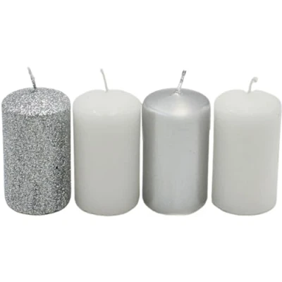 Immagine di Candela a pilastro, candele dell&#039;Avvento, corona in argento e bianco, diverse sfumature di colore, dimensioni: 7 x 4 cm, 250 g, durata 10 h