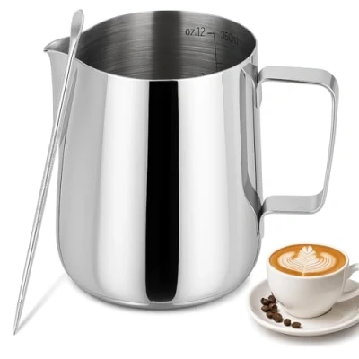 Immagine di Bricco latte Bollilatte acciaio inox professionale 350ml con scala graduata completo di penna per art ideale preparare cappuccino, e espresso argento