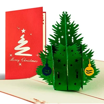 Immagine di Biglietto di Natale con albero 3d a comparsa, fatto mano, alta qualità, cartolina auguri natalizi pop up, feste natalizie, busta inclusa, rosso e bianco
