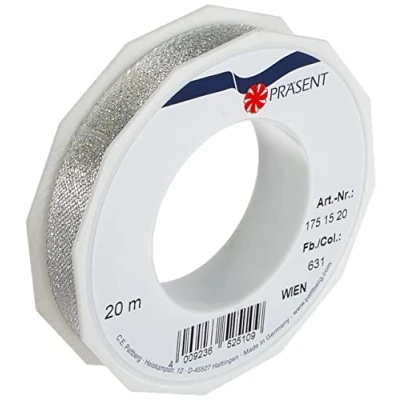 Immagine di Präsent C.E. Pattberg Wien Nastro, 1,5 cm di Larghezza, per Decorazioni e Artigianato, Regali, Ogni Occasione, Colore: Argento, 15 mm Width, 20 m Length