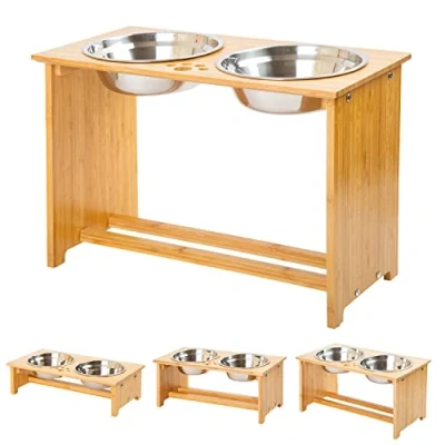 Immagine di FOREYY ciotole per cani alzate e gatti cibo in bambù Elevated Stands Piatti mangiatoie con 2 acciaio inox piedini antiscivolo (XL)