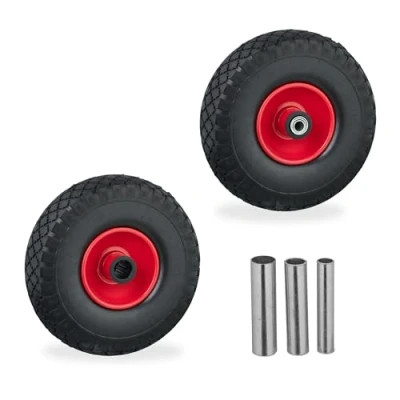 Immagine di Relaxdays Ruota per Carriola 3.00 4, Set 2 Gomme Piene Antiforatura, Cerchi in Acciaio 3 Adattatori ASSE, Nero Rosso, Gomma